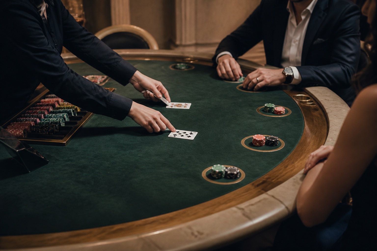 Krupierka rozdająca karty przy kamiennym stole blackjacka