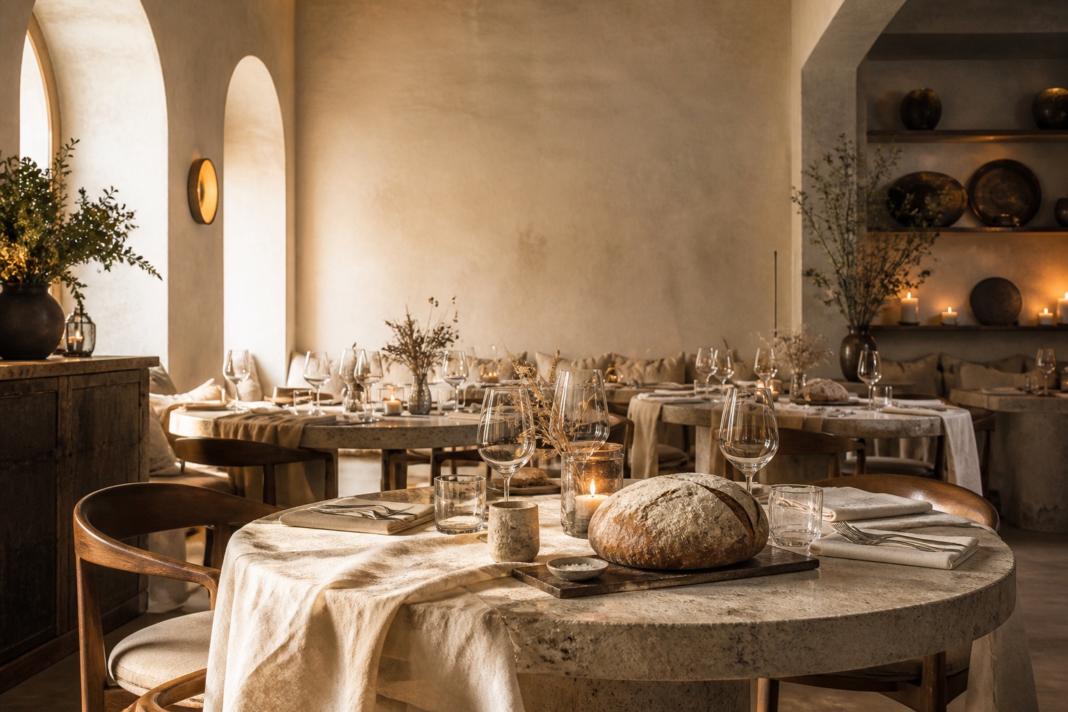 Jasna sala restauracyjna z okrągłymi kamiennymi stołami i bochenkiem chleba